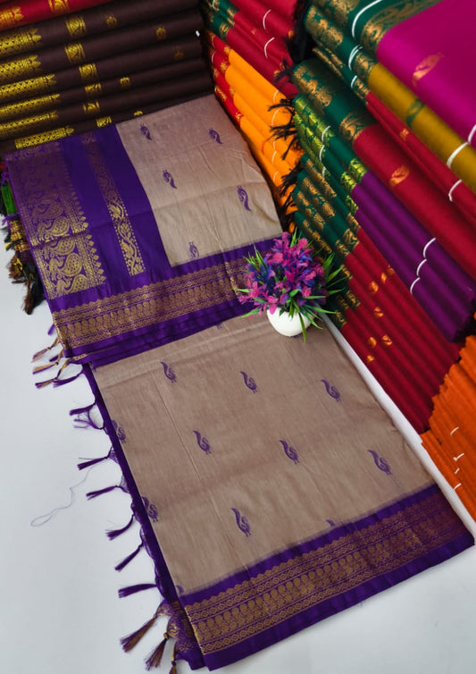 Kalyani Cotton- Taupe Beige with Royal Purple border & pallu- Gold Zari- Korvai Border