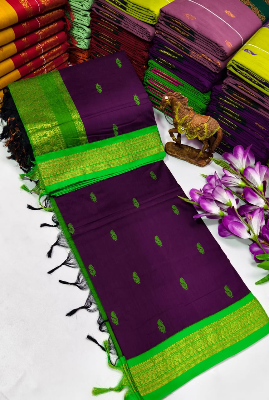 Kalyani Cotton – Deep Purple with Green border & pallu – Gold Zari – Korvai Border
