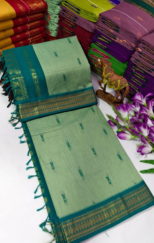 Kalyani Cotton – Mint Green with Peacock Green border & pallu – Gold Zari – Korvai Border