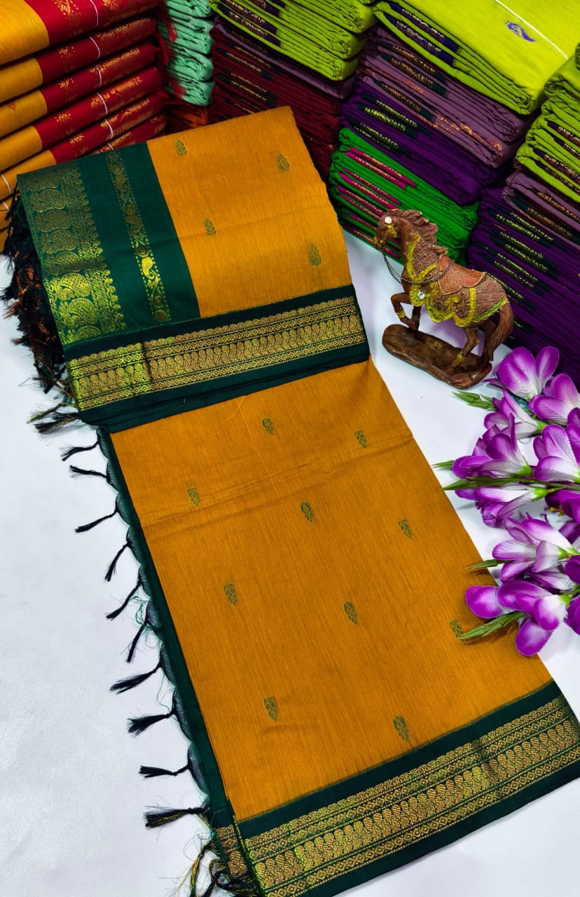 Kalyani Cotton – Mustard Yellow with Bottle Green border & pallu – Gold Zari – Korvai Border