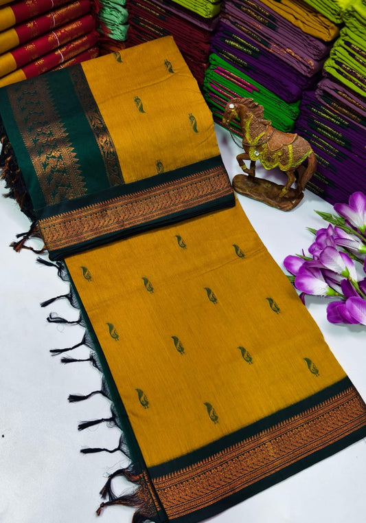 Kalyani Cotton – Mustard Yellow with Green border & pallu – Gold Zari – Korvai Border