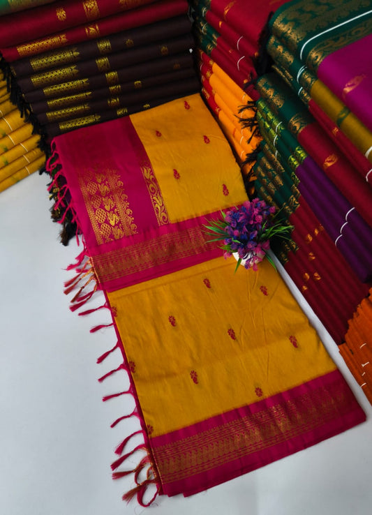 Kalyani Cotton – Mustard Yellow with Pink border & pallu – Gold Zari – Korvai Border
