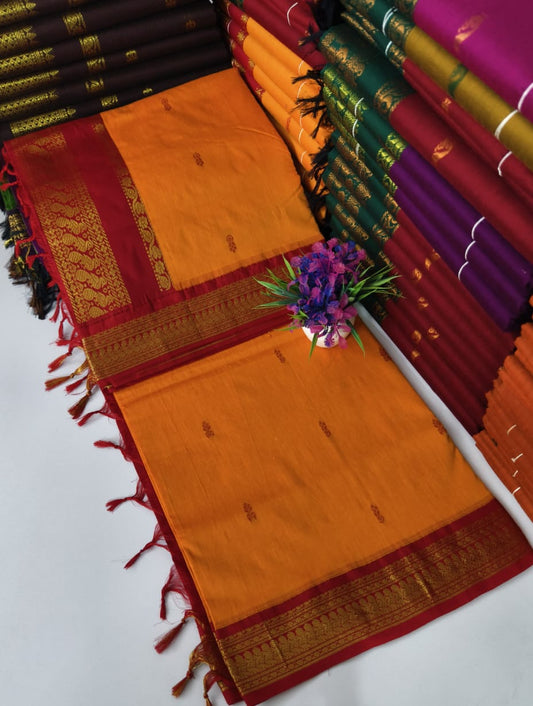 Kalyani Cotton – Orange with Maroon Red border & pallu – Gold Zari – Korvai Border