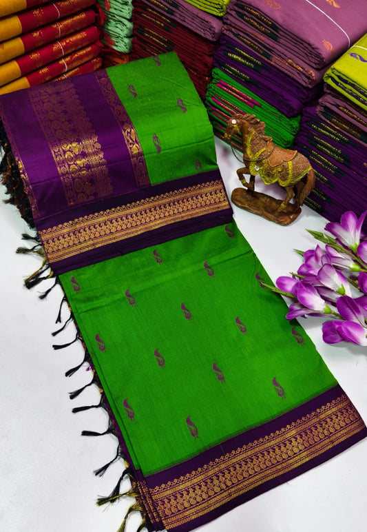 Kalyani Cotton – Parrot Green with Royal Purple border & pallu – Gold Zari – Korvai Border