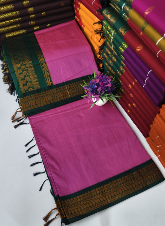 Kalyani Cotton – Rani Pink with Bottle Green border & pallu – Gold Zari – Korvai Border