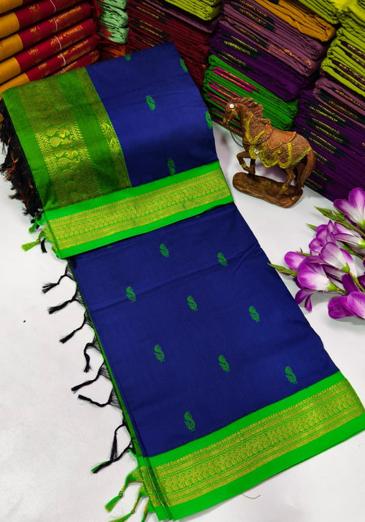 Kalyani Cotton – Royal Blue with Parrot Green border & pallu – Gold Zari – Korvai Border