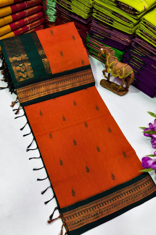 Kalyani Cotton – Rust Orange with Bottle Green border & pallu – Gold Zari – Korvai Border