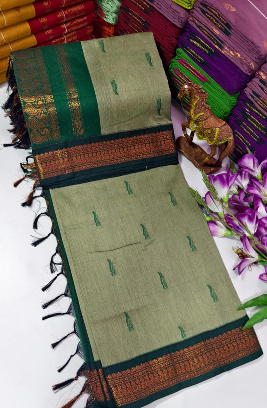 Kalyani Cotton – Sage Green with Bottle Green border & pallu – Gold Zari – Korvai Border