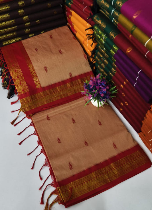 Kalyani Cotton – Sandal Beige with Maroon border & pallu – Gold Zari – Korvai Border