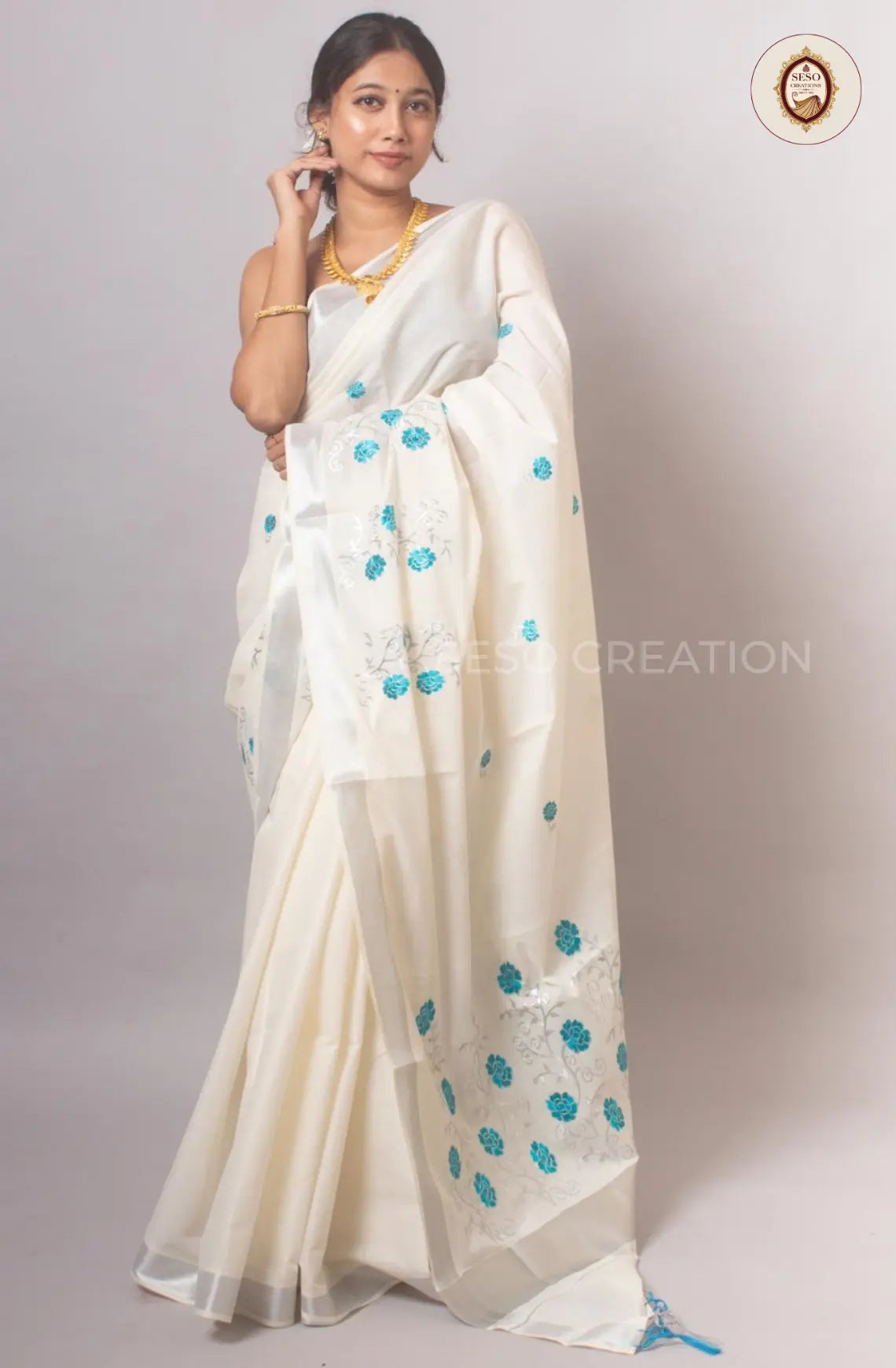 Kerala Cotton Blue Embroidered Saree - Off White