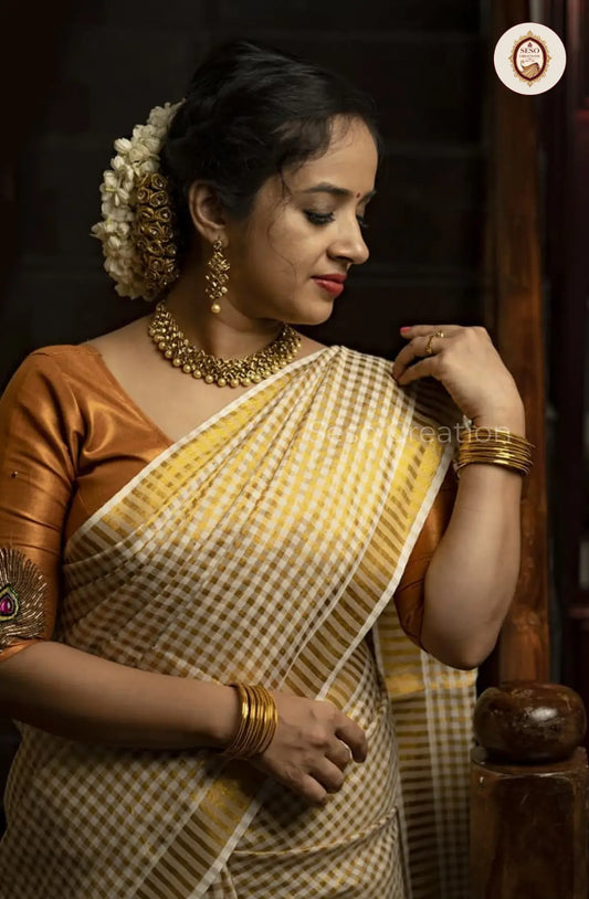 Kerala Cotton Checked Saree - Gold