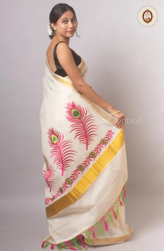 Kerala Cotton Feather Embroidered Saree - Off White