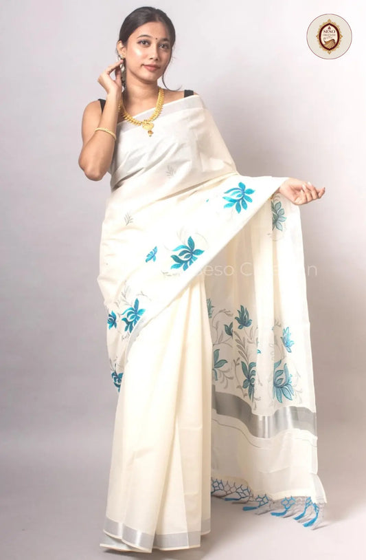 Kerala Cotton Floral Embroidered Saree - Off White