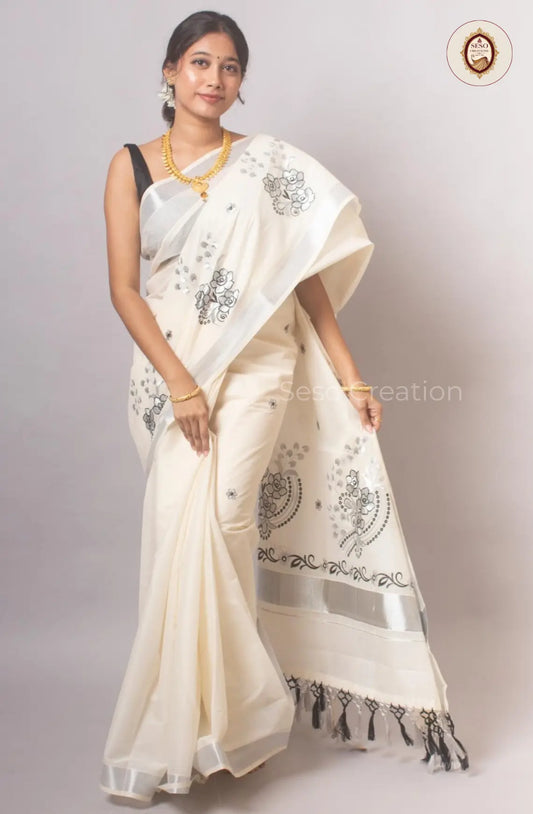 Kerala Cotton Floral Embroidered Saree - Off White & Black