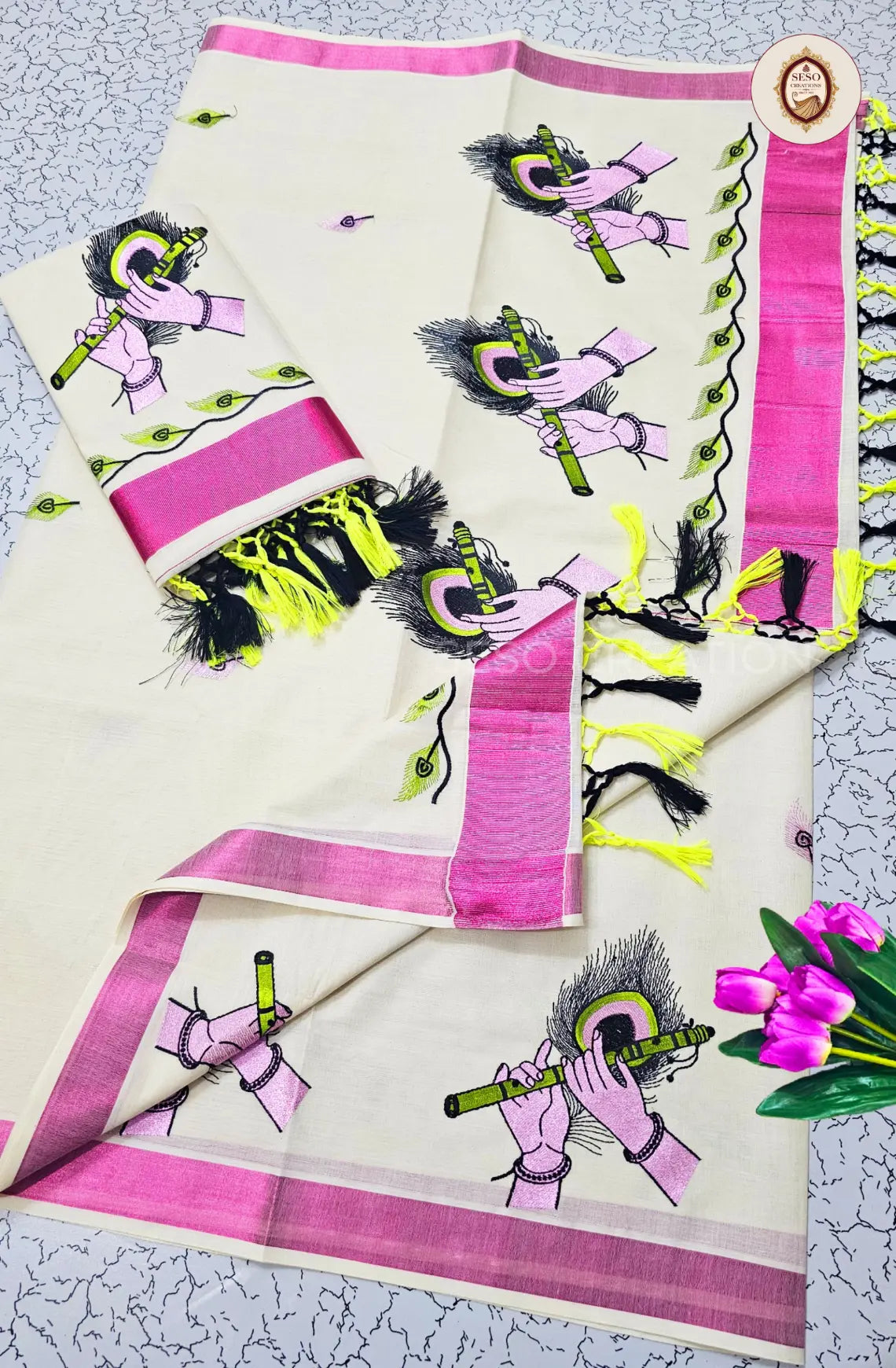 Kerala Cotton Flute Embroidered Saree - Off White