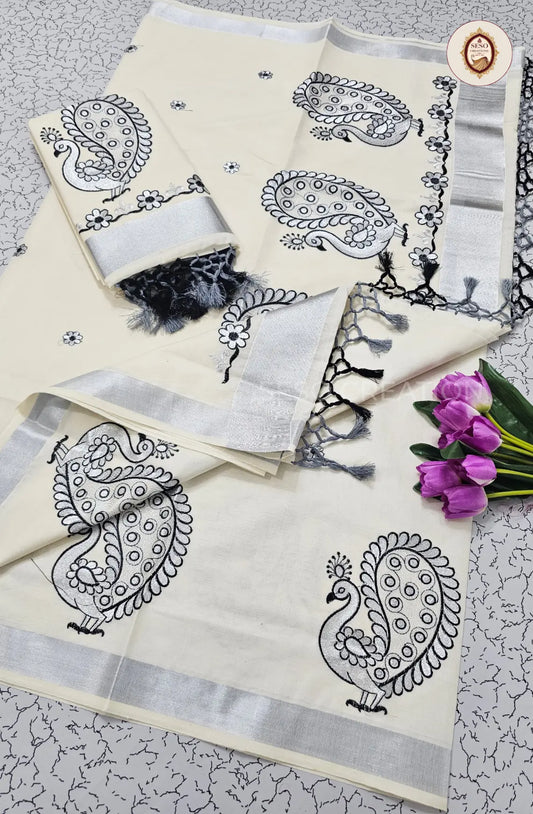 Kerala Cotton Peacock Embroidered Saree - Off White