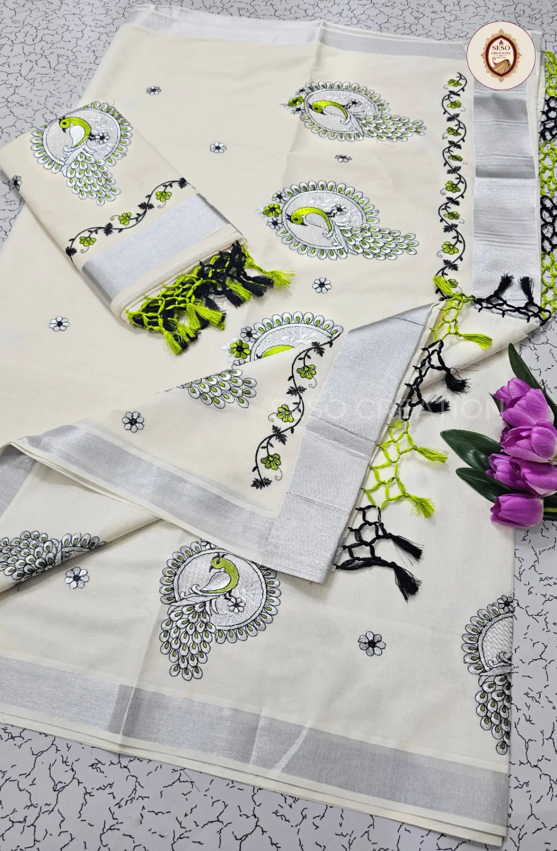 Kerala Cotton Peacock  Embroidered Saree - Off White