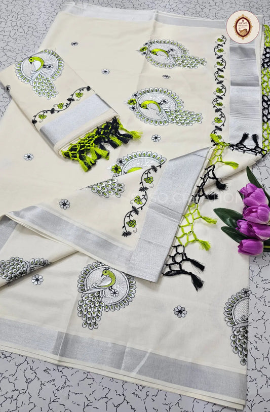 Kerala Cotton Peacock  Embroidered Saree - Off White