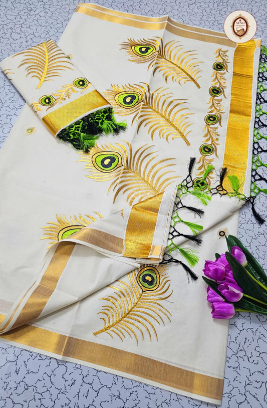 Kerala Cotton Peacock Feather Embroidered Saree - Off White