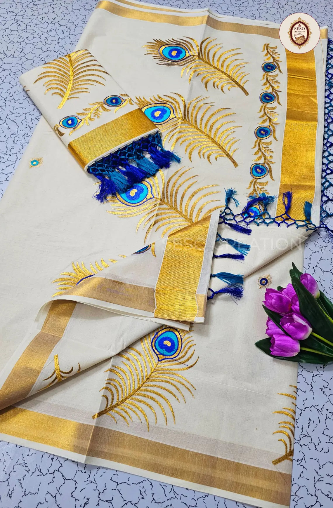 Kerala Cotton Peacock Feather Embroidered Saree - Off White