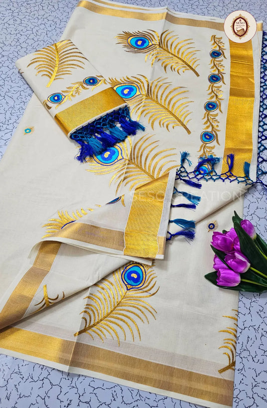 Kerala Cotton Peacock Feather Embroidered Saree - Off White