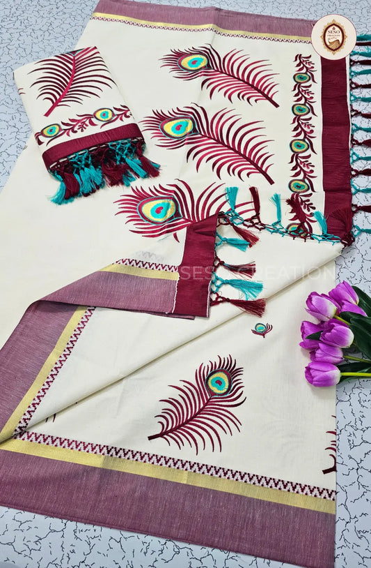 Kerala Cotton Peacock Feather Embroidered Saree - Off White