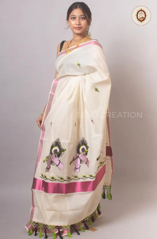 Kerala Cotton Flute Embroidered Saree - Off White