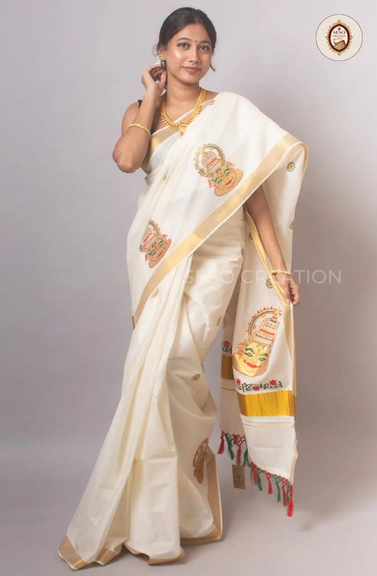 Kerala Cotton Traditional Art Embroidered Saree - Off White