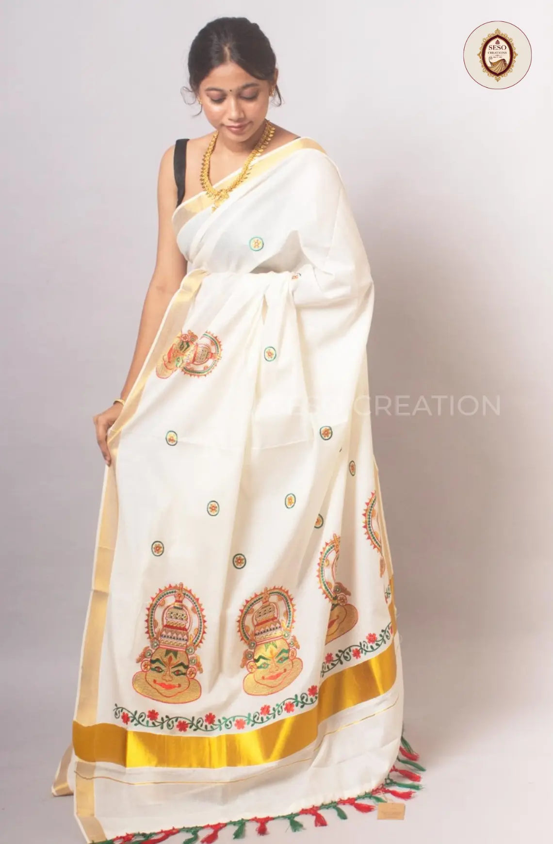 Kerala Cotton Traditional Art Embroidered Saree - Off White