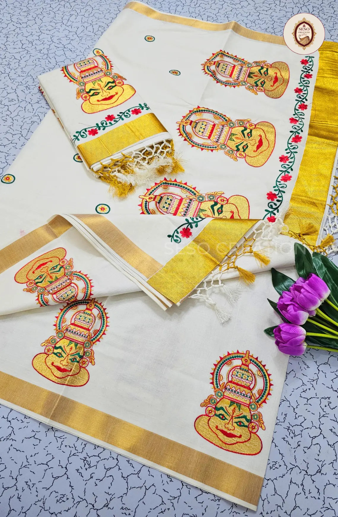 Kerala Cotton Traditional Art Embroidered Saree - Off White