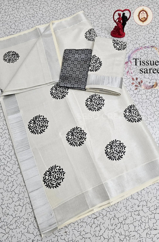 Kerala Special Tissue Saree with Embroidery - Off White