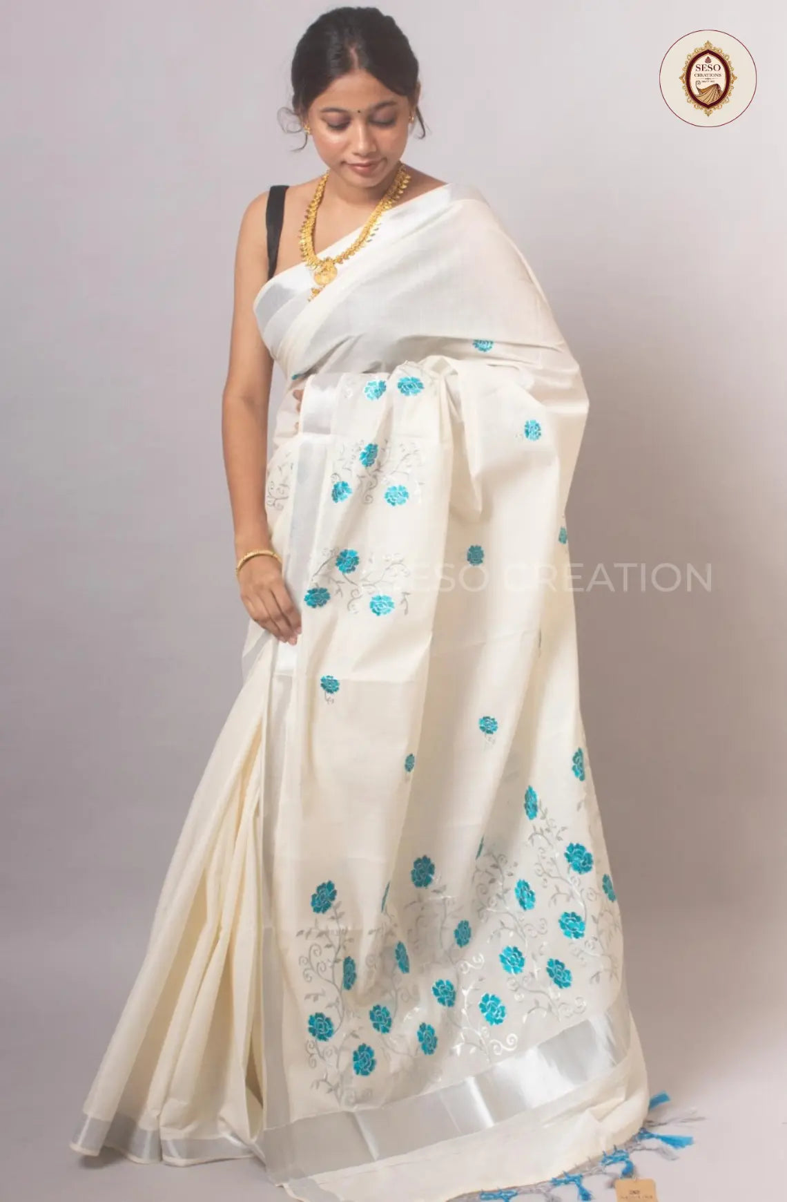 Kerala Cotton Blue Embroidered Saree - Off White