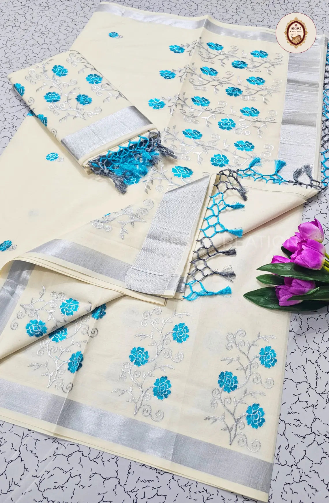Kerala Cotton Blue Embroidered Saree - Off White