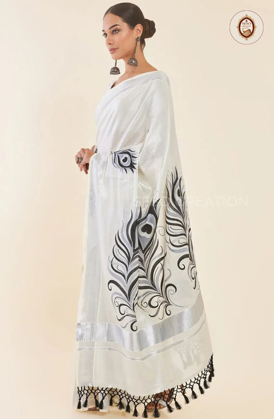 Kerala Special Tissue Saree with Feather Embroidery - White
