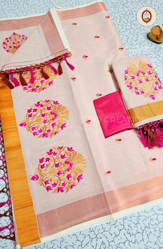 Kerala Special Tissue Saree with Floral Embroidery - Rose