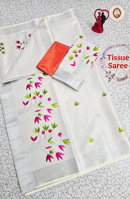 Kerala Special Tissue Saree with Embroidery - Green & Pink