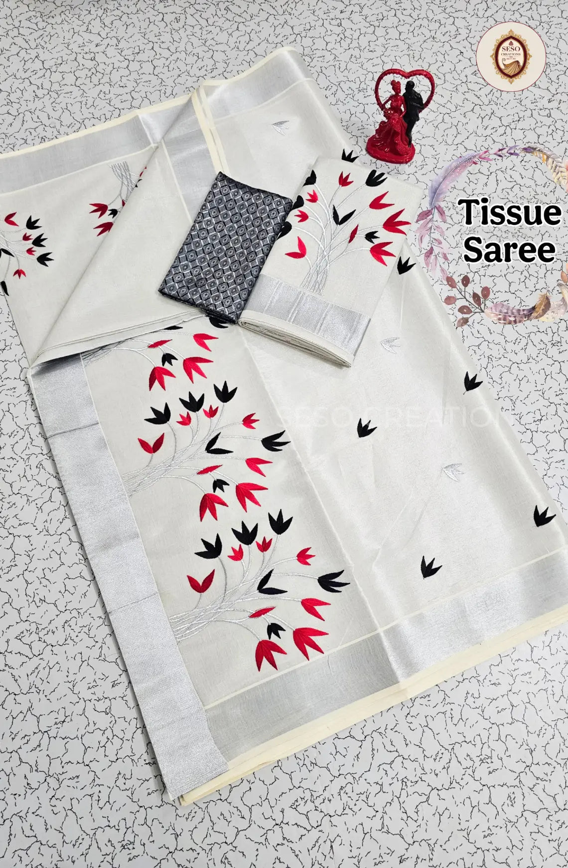 Kerala Special Tissue Saree with Embroidery - Red & Black