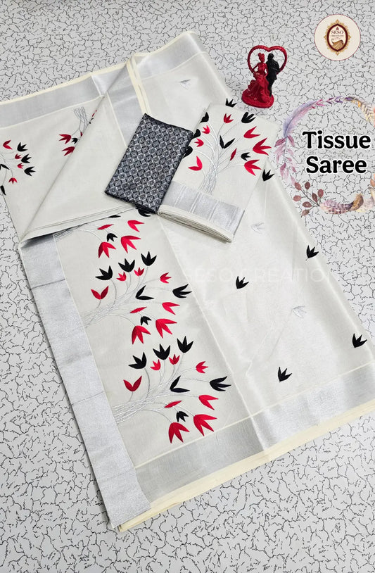 Kerala Special Tissue Saree with Embroidery - Red & Black