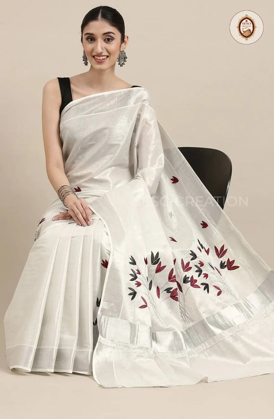 Kerala Special Tissue Saree with Embroidery - White