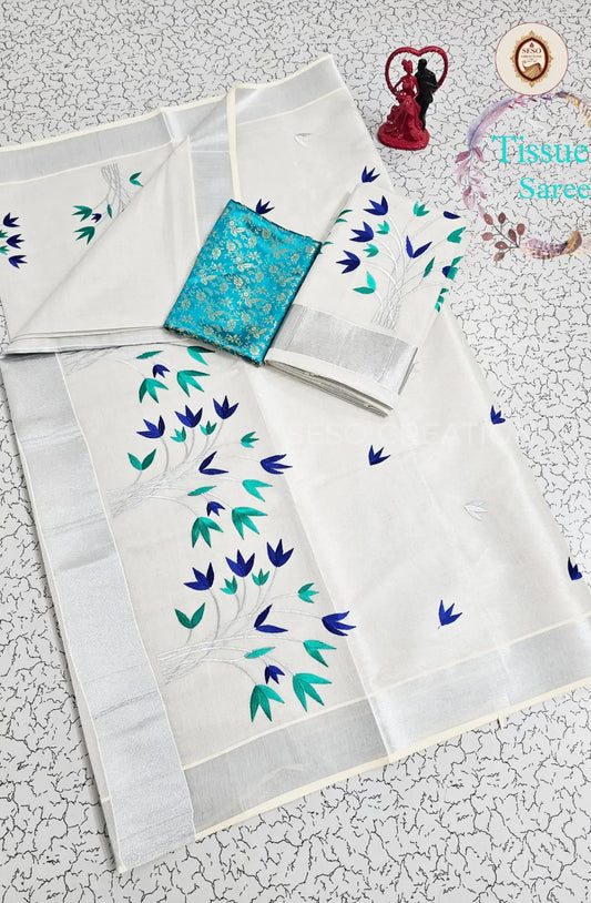 Kerala Special Tissue Saree with Embroidery - White & Blue