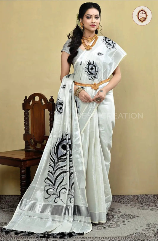 Kerala Special Tissue Saree with Feather Embroidery - White
