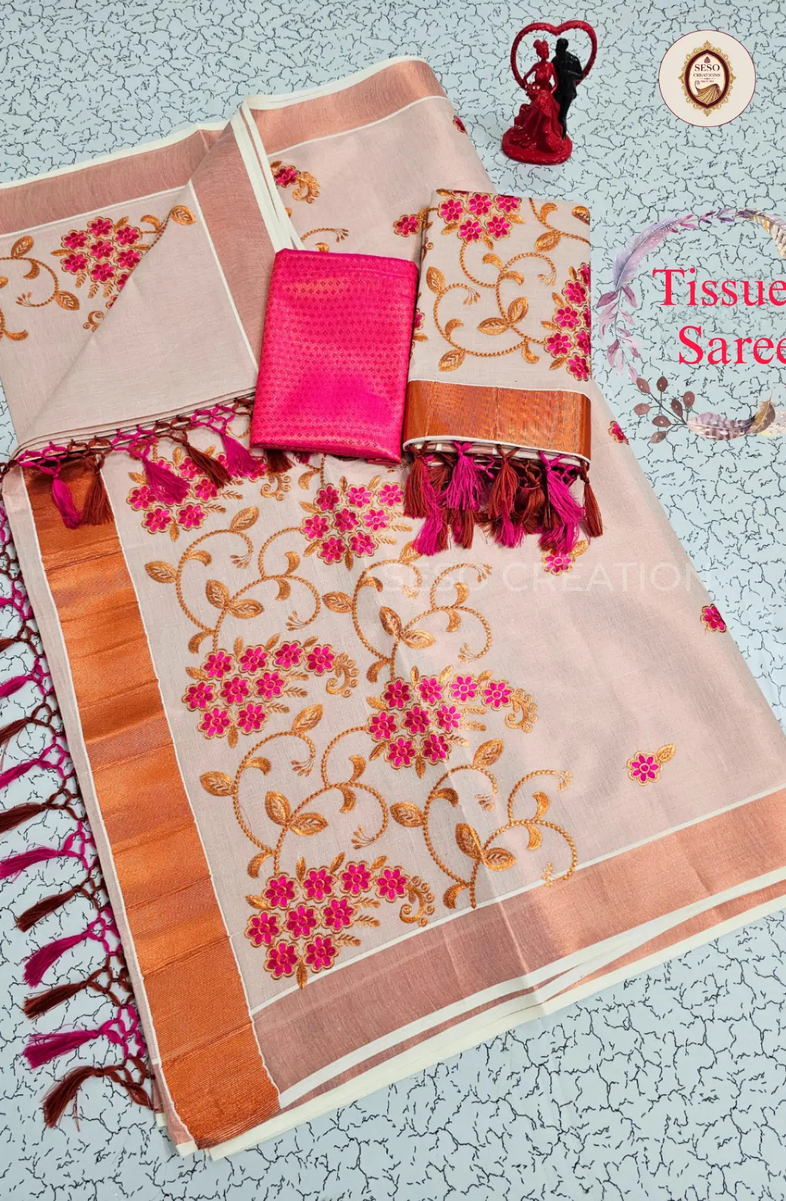 Kerala Special Tissue Saree with Floral Embroidery - Rose