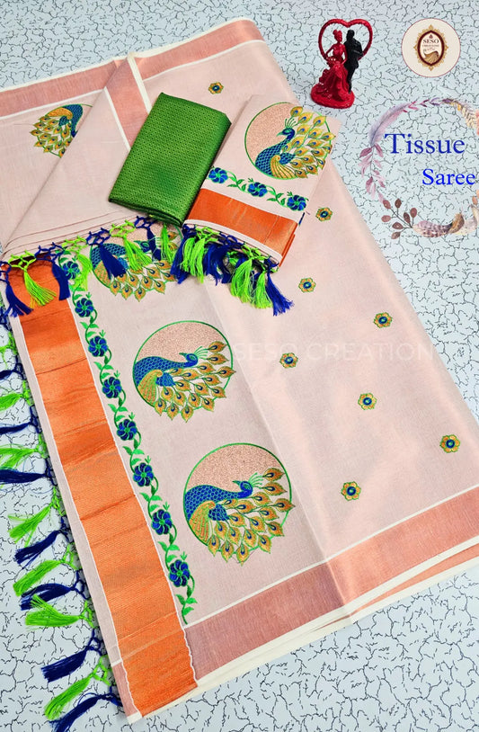 Kerala Special Tissue Saree with Peacock Embroidery - Rose