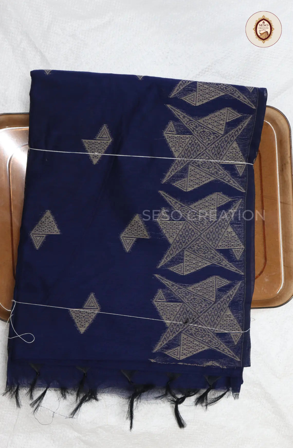 Kota Cotton Saree with Jute Butta Work - Navy Blue