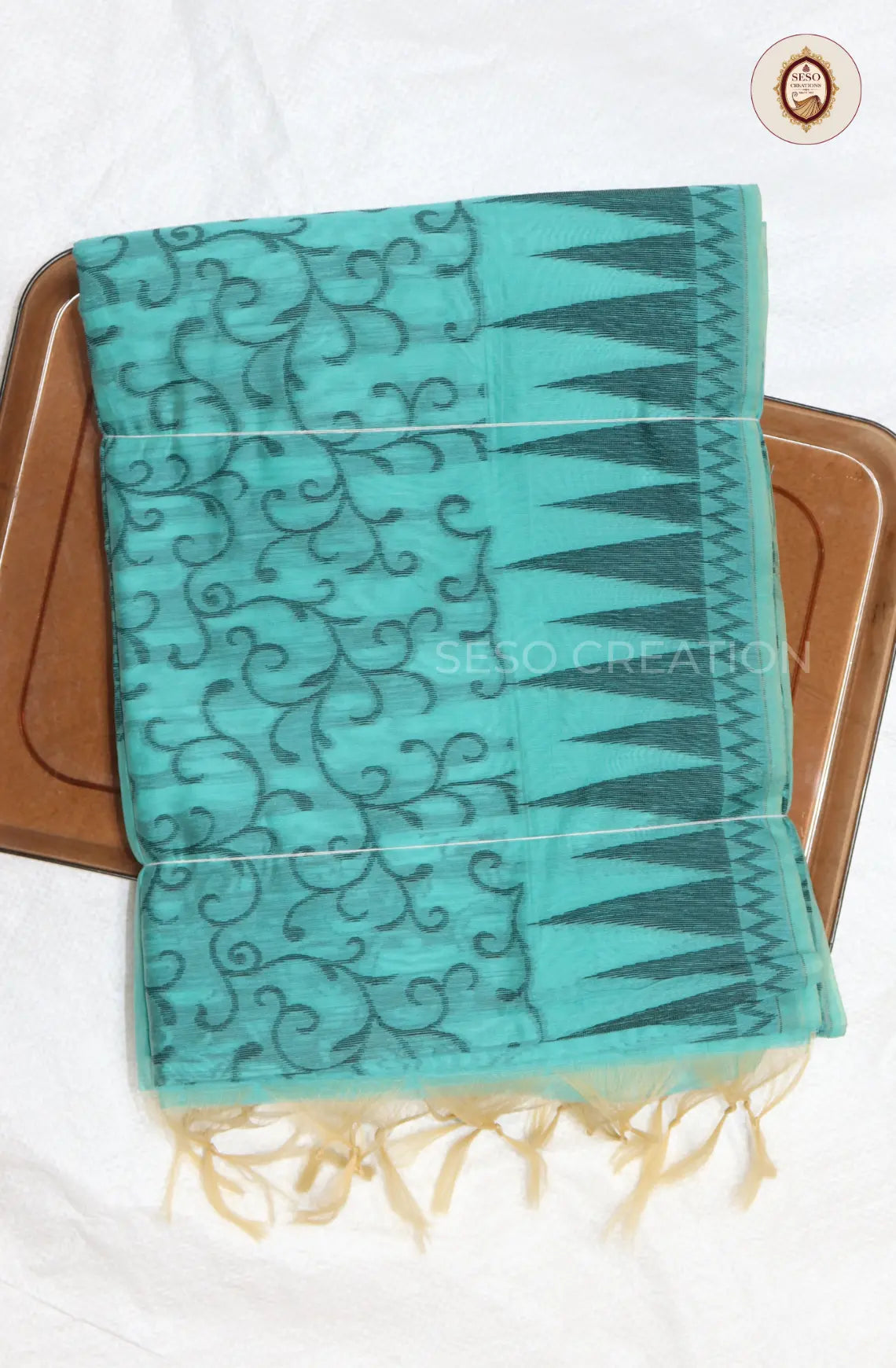 Kota Cotton Saree with Jute Butta Work - Tussar with Light Blue