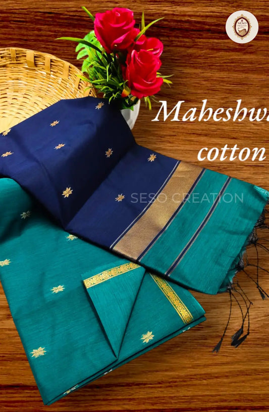 Maheshwari Cotton Saree with Butta Work - Navy Blue