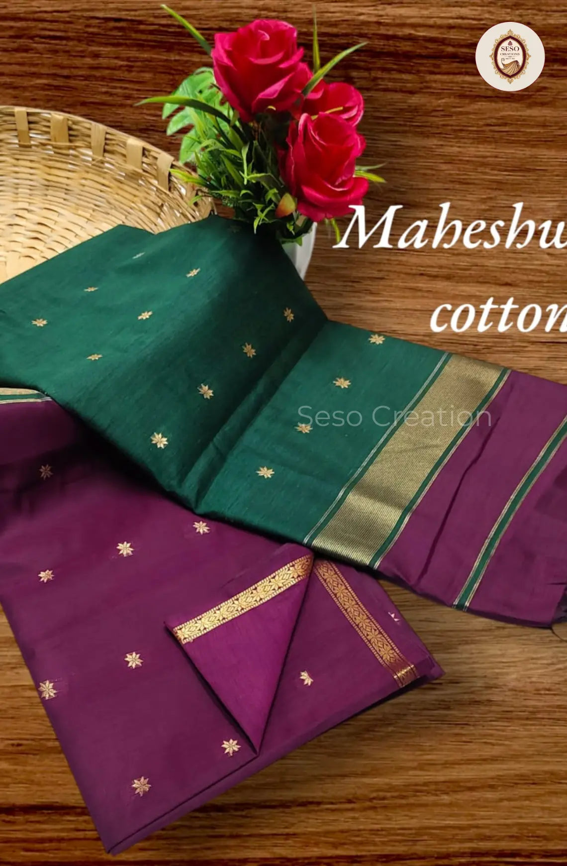 Maheshwari Cotton Saree with Butta Work - Green
