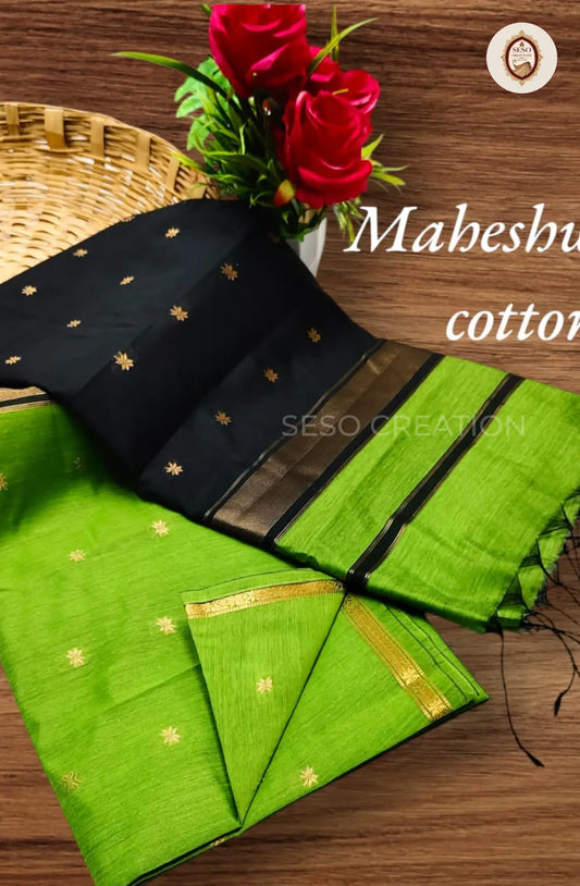 Maheshwari Cotton Saree with Butta Work - Black with Pothina Pallu