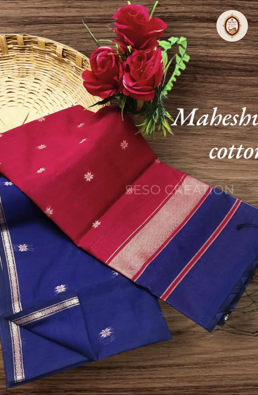 Maheshwari Cotton Saree with Butta Work - Marron with Navy Pallu
