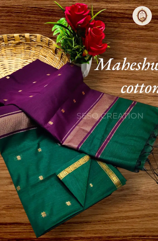 Maheshwari Cotton Saree with Butta Work - Nagapalam with Green Pallu